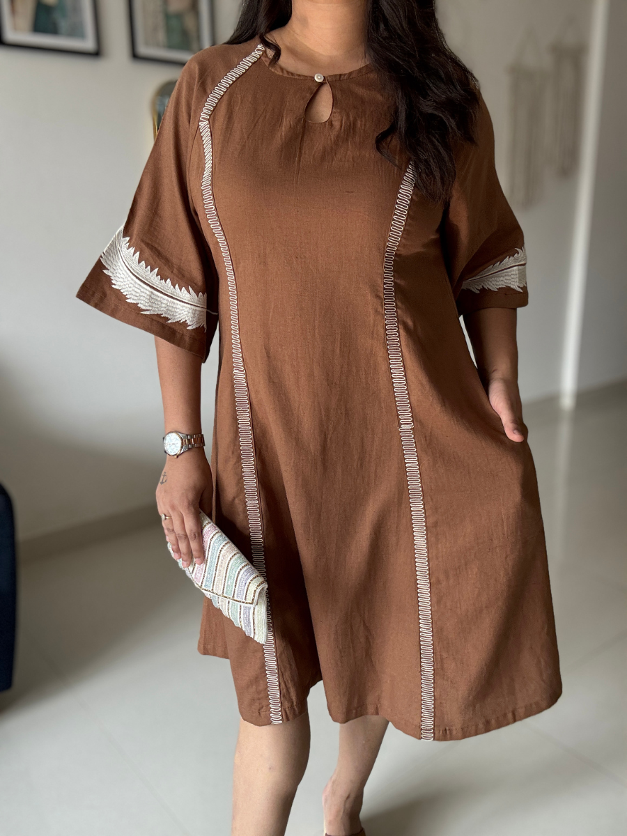 Mocha Brown Embroidered Flared Dress
