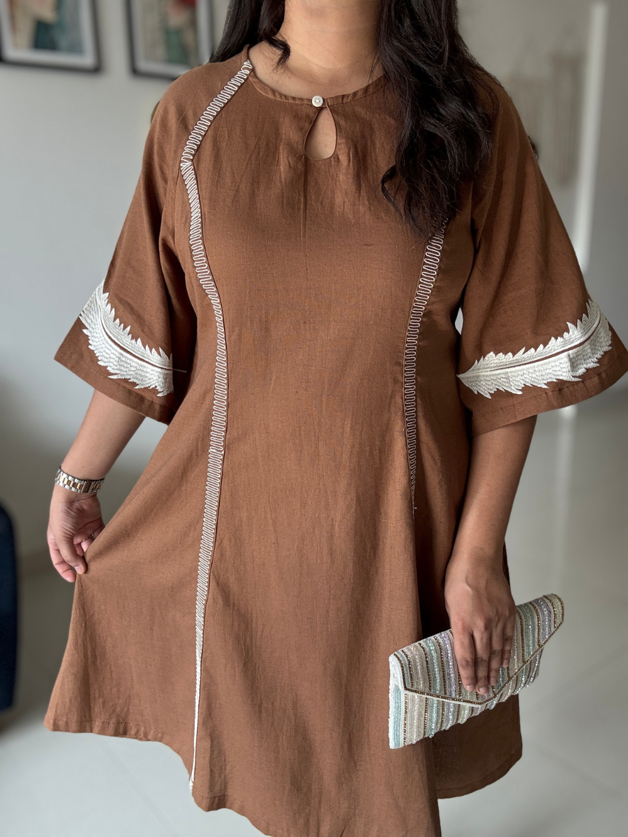 Mocha Brown Embroidered Flared Dress