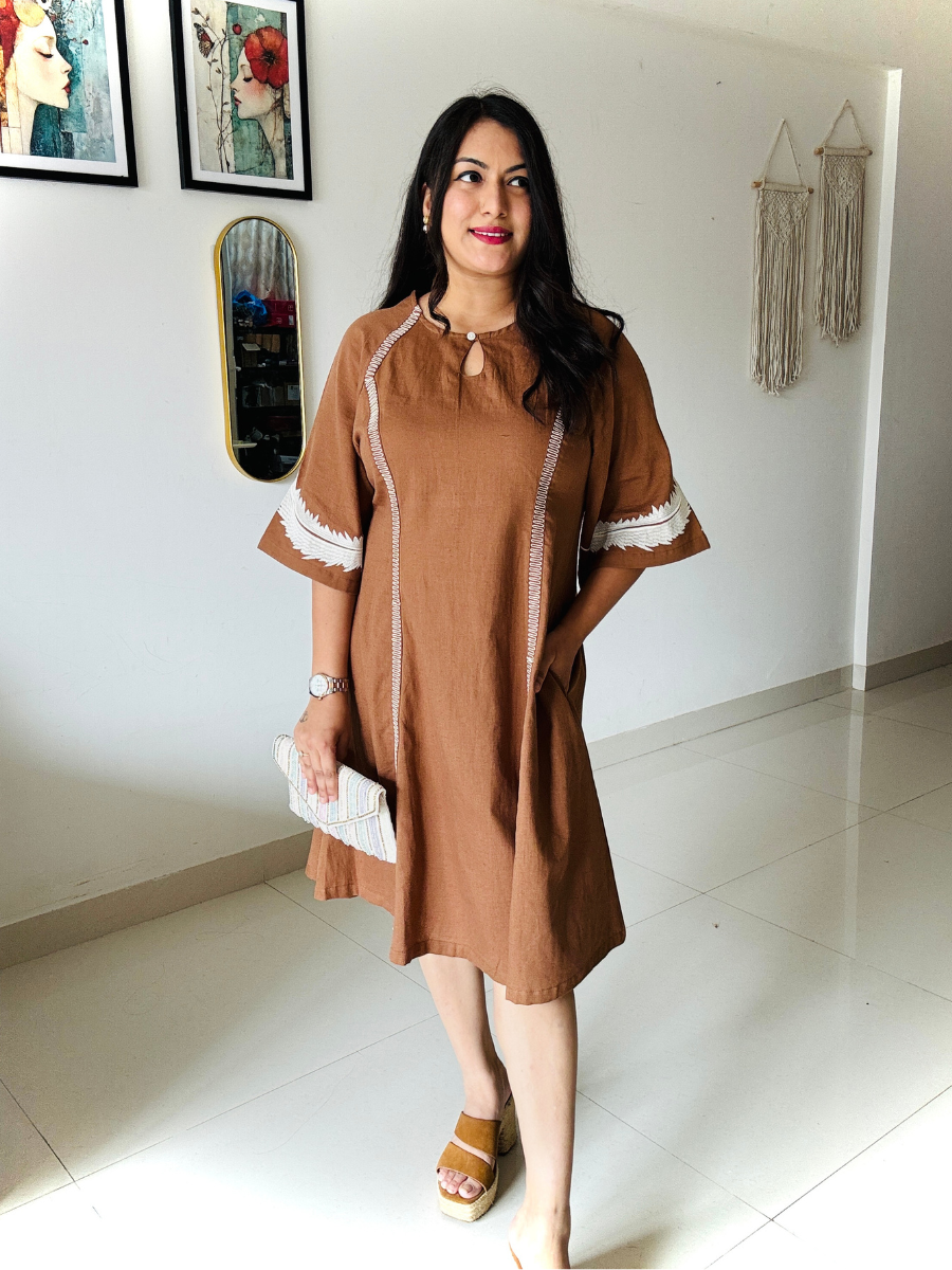 Mocha Brown Embroidered Flared Dress