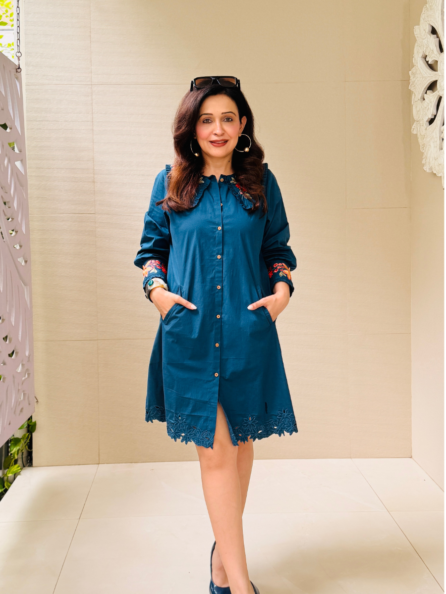 Embroidered Blue Collar Dress
