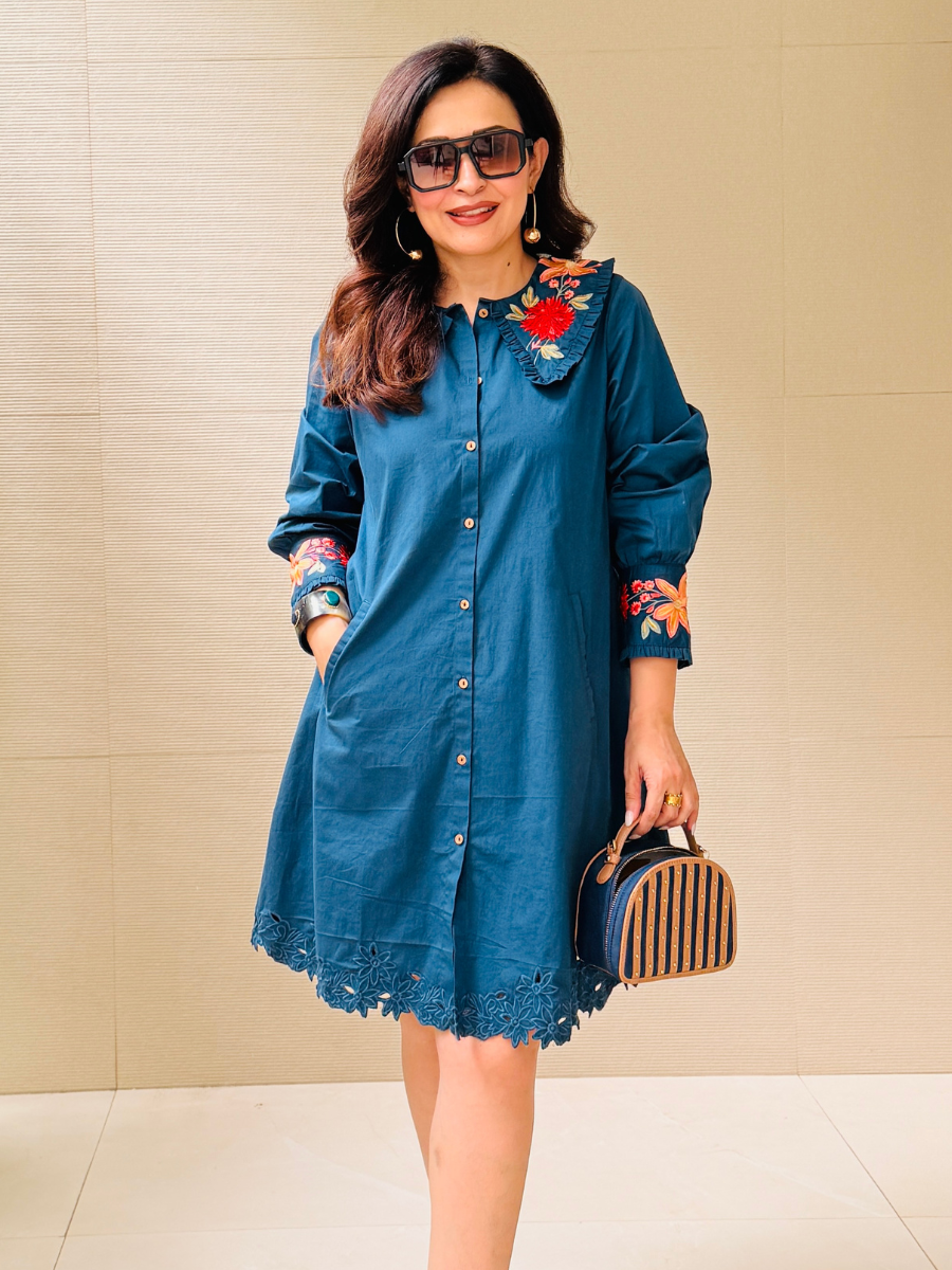 Embroidered Blue Collar Dress