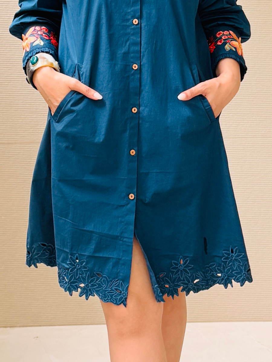 Embroidered Blue Collar Dress