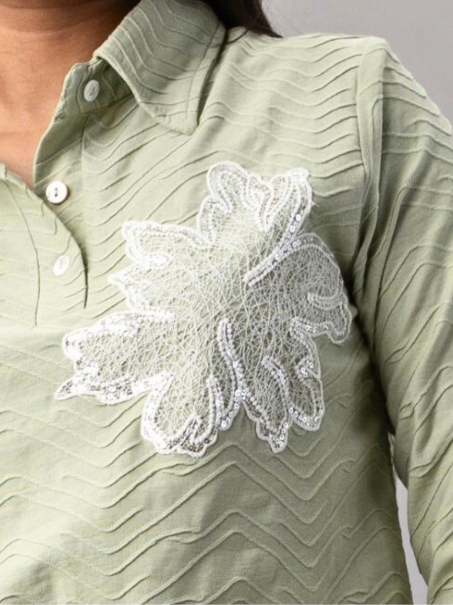 Olive Mist Textured Floral Polo Top