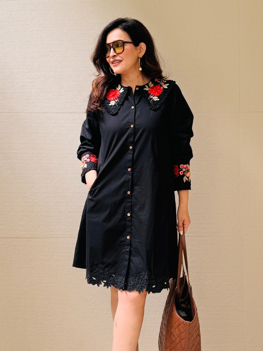 Embroidered Black Collar Dress