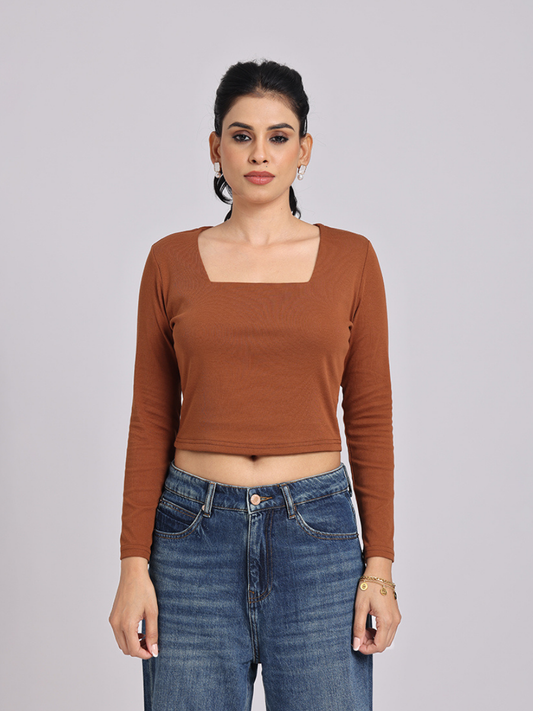 Premium Brown Square Neck Crop Top
