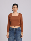 Premium Brown Square Neck Crop Top