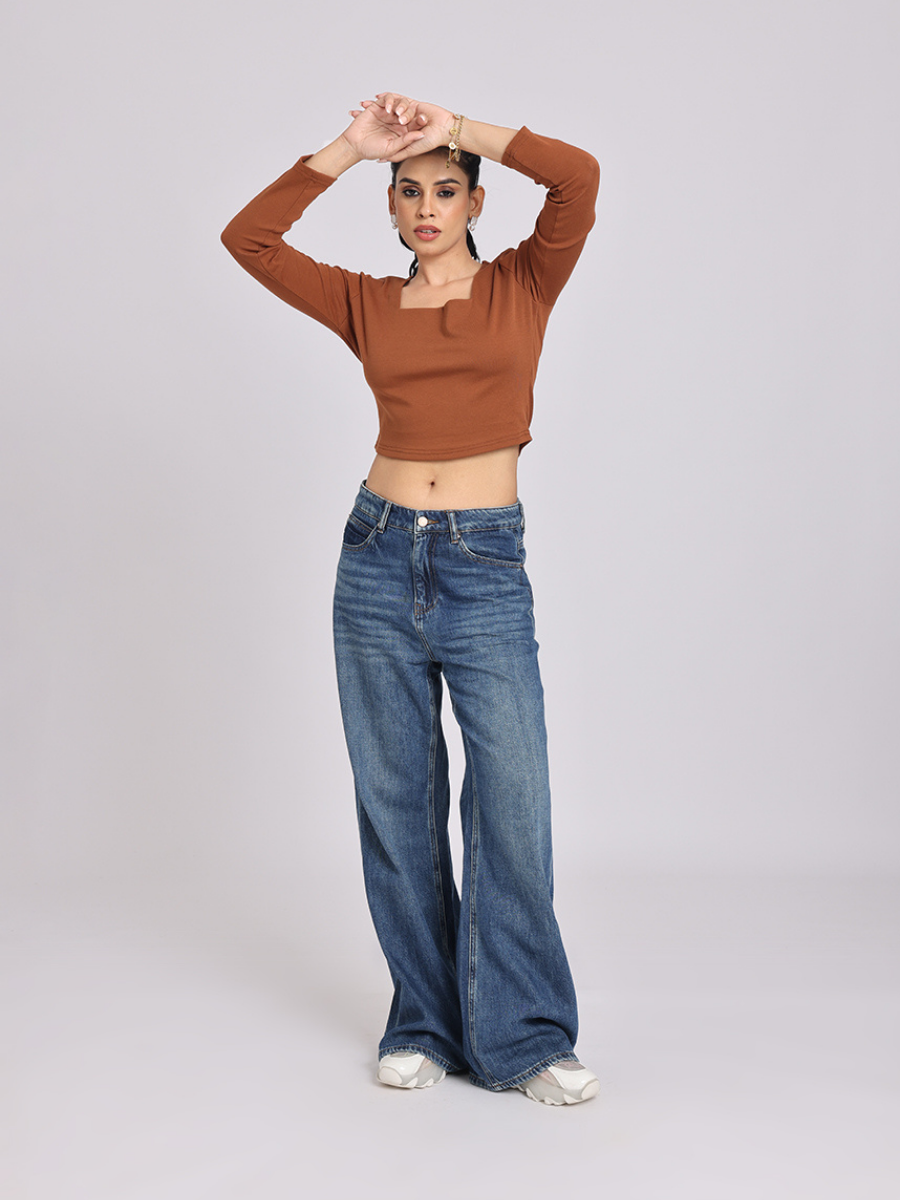 Premium Brown Square Neck Crop Top