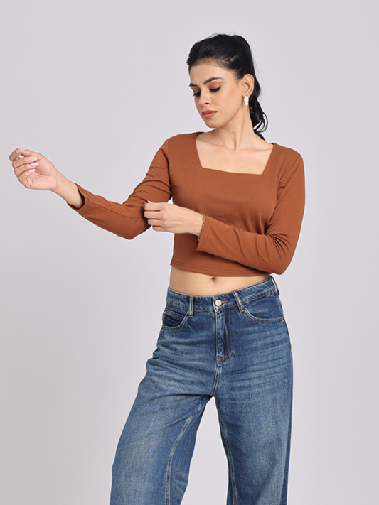 Premium Brown Square Neck Crop Top