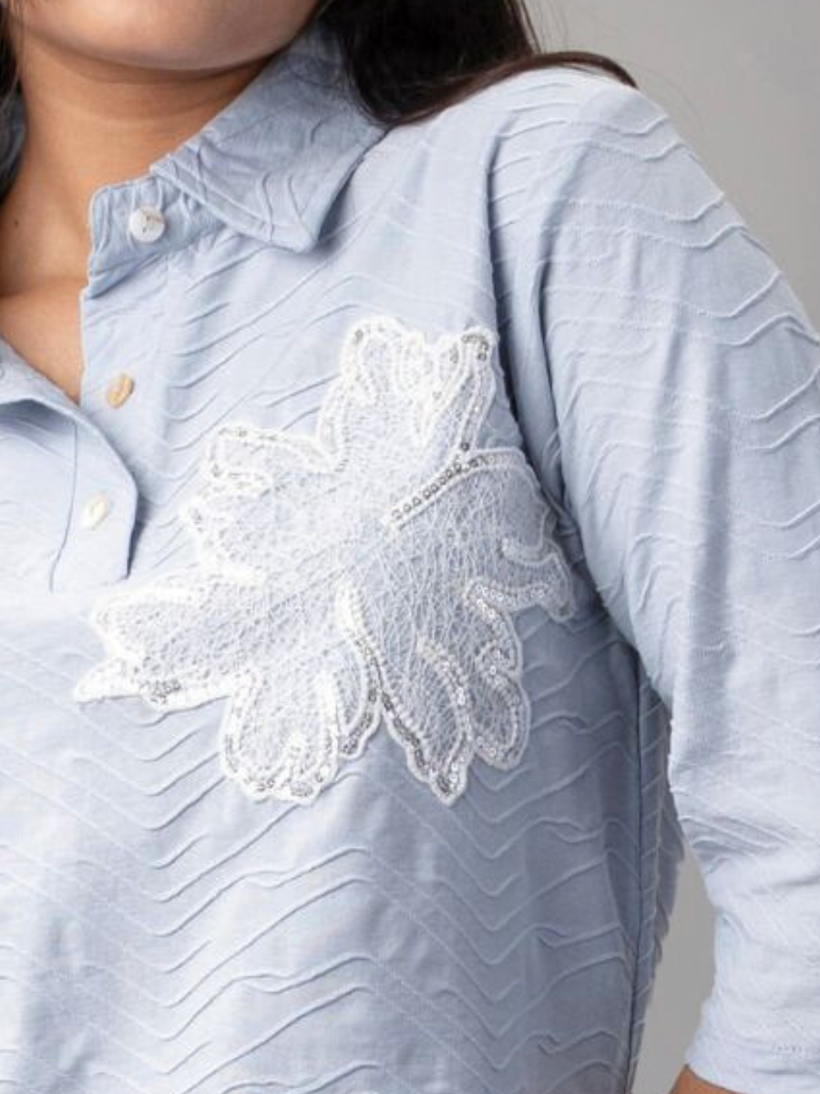 Sky Ripple Embroidered Collared Top