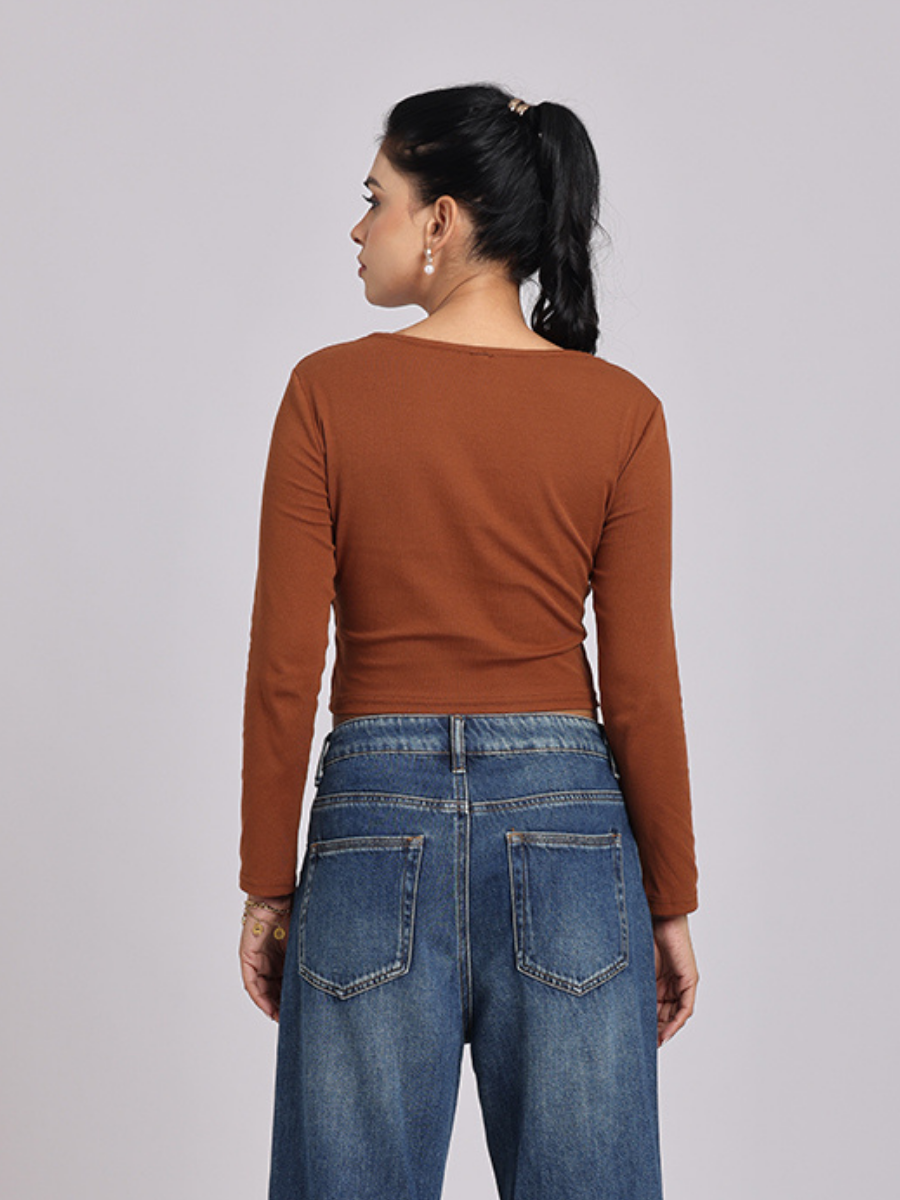 Premium Brown Square Neck Crop Top