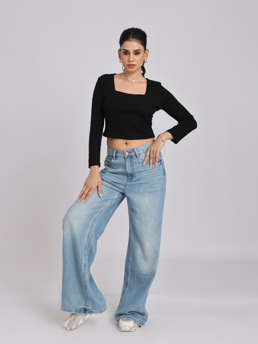 Premium Black Square-Neck Crop Top