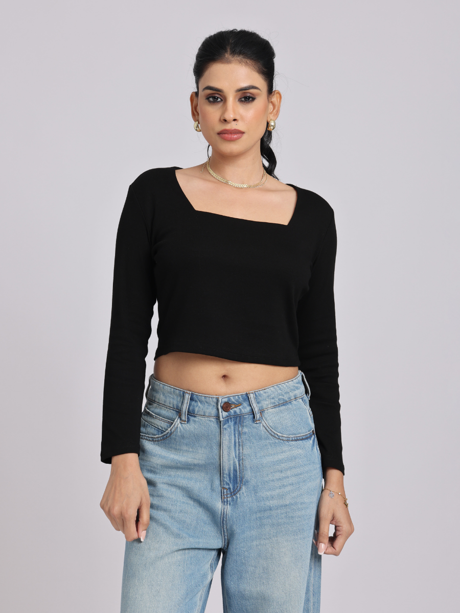 Premium Black Square-Neck Crop Top