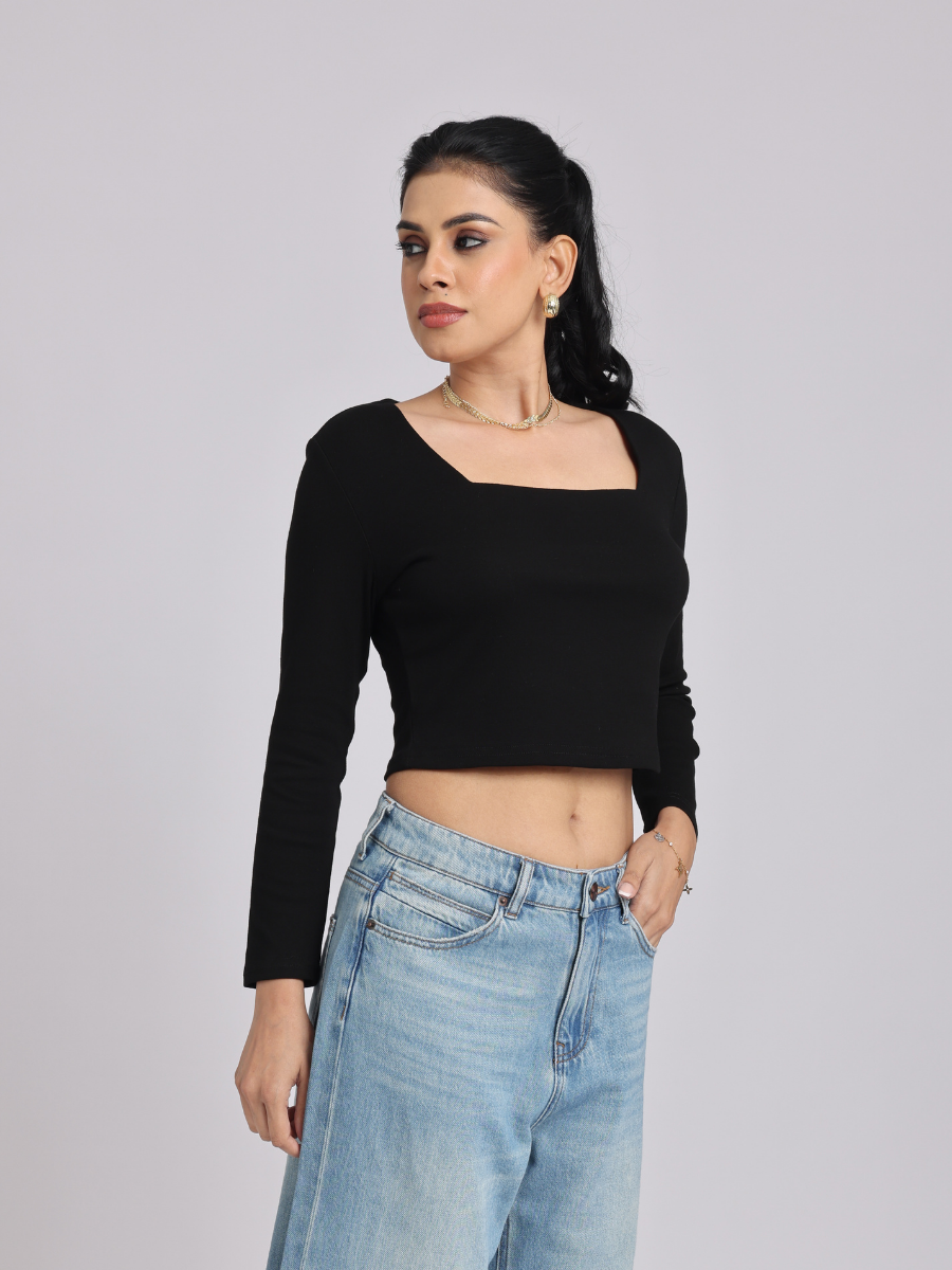 Premium Black Square-Neck Crop Top