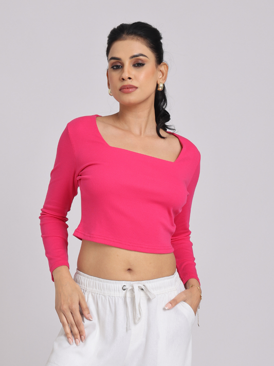 Premium Hot Pink Square-Neck Crop Top