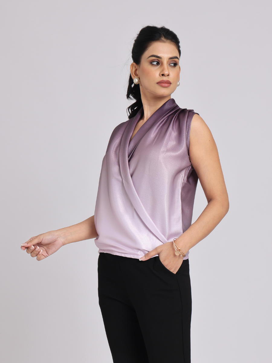 Mauve Satin Drape Neck Sleeveless Top