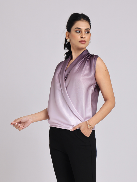 Mauve Satin Drape Neck Sleeveless Top