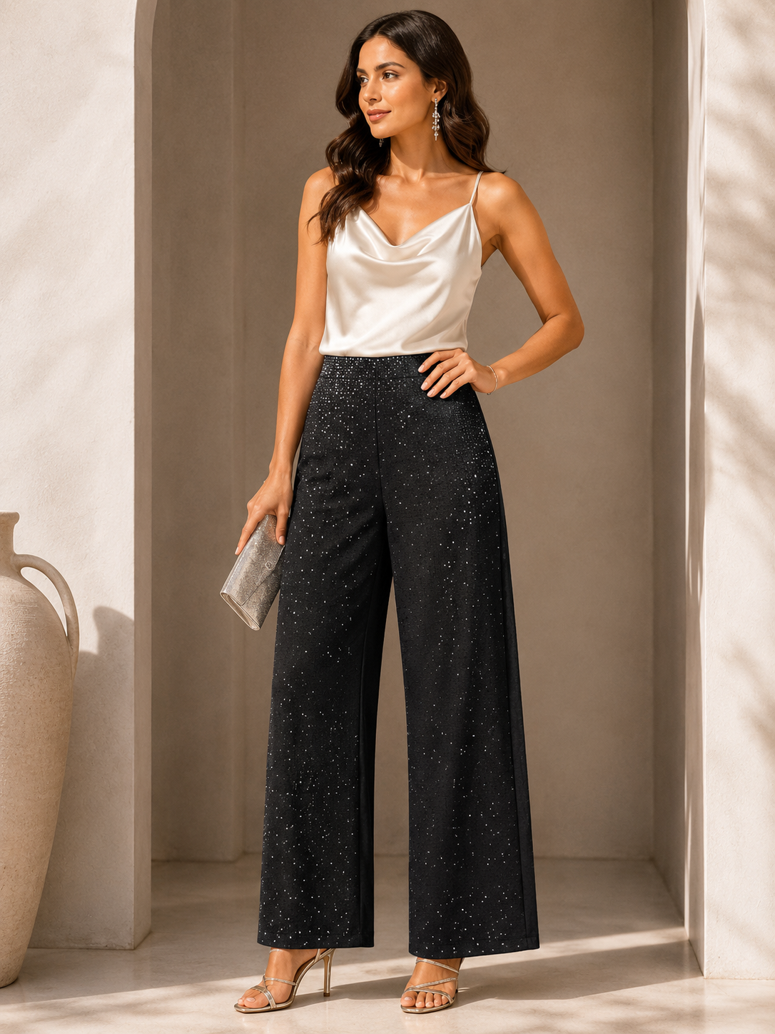 Black Luxe Rhinestone Embellished High-Rise Wide-Leg Trousers