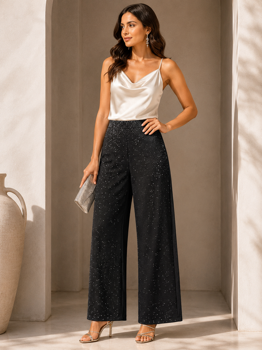 Black Luxe Rhinestone Embellished High-Rise Wide-Leg Trousers