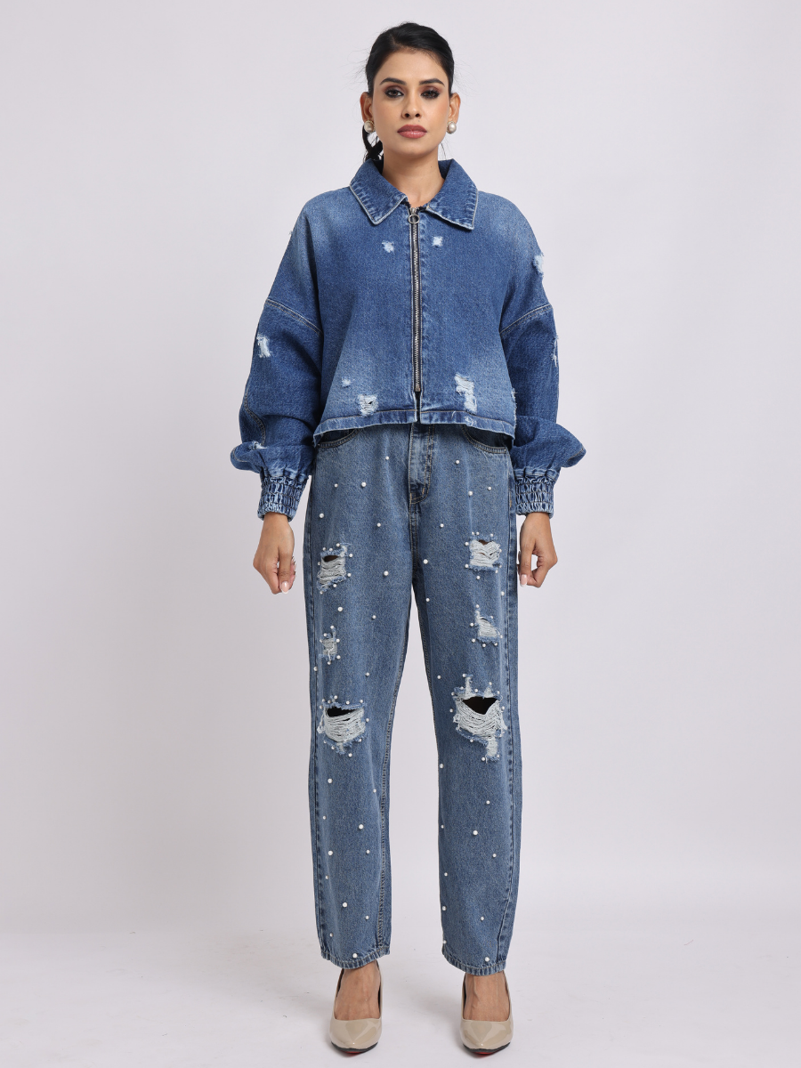 Blue Distressed Denim Jacket with Zip Closure