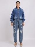 Blue Distressed Denim Jacket with Zip Closure