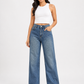 Mid Blue Washed Rhinestone High Waist Wide-Leg Jeans