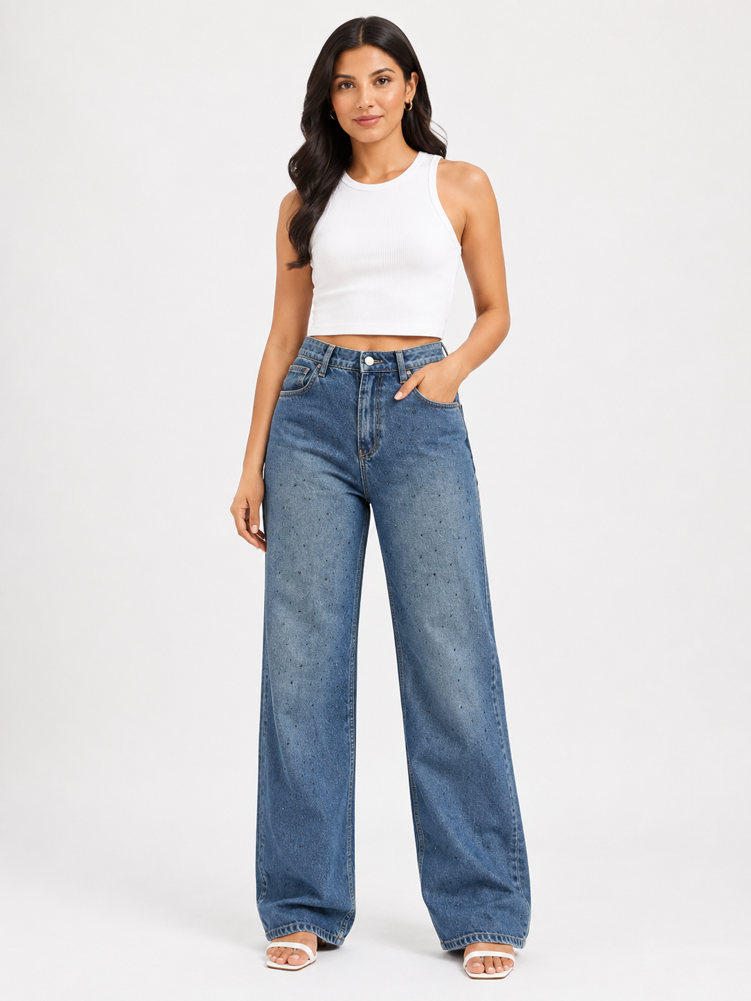 Mid Blue Washed Rhinestone High Waist Wide-Leg Jeans