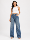 Mid Blue Washed Rhinestone High Waist Wide-Leg Jeans