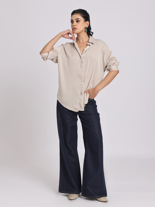 Beige Premium Flowy Satin Oversized Shirt