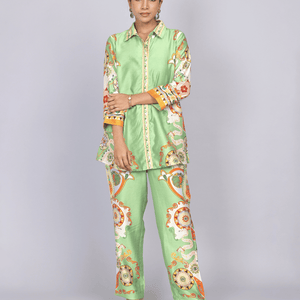 Elegant Green Silk Co-Ord Set with Floral Print