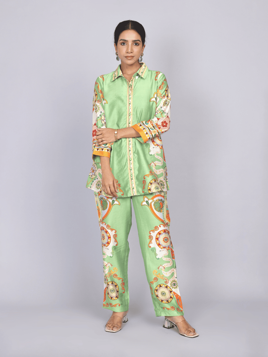 Elegant Green Silk Co-Ord Set with Floral Print