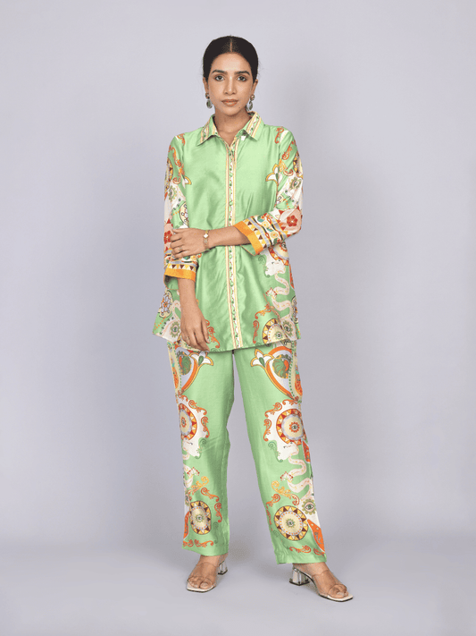 Elegant Green Silk Co-Ord Set with Floral Print