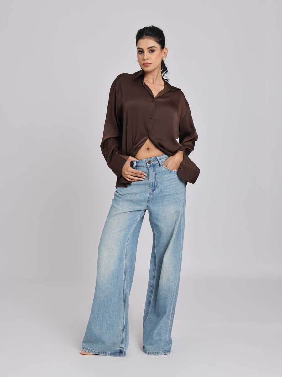 Rich Mocha Satin Long-Sleeve Shirt