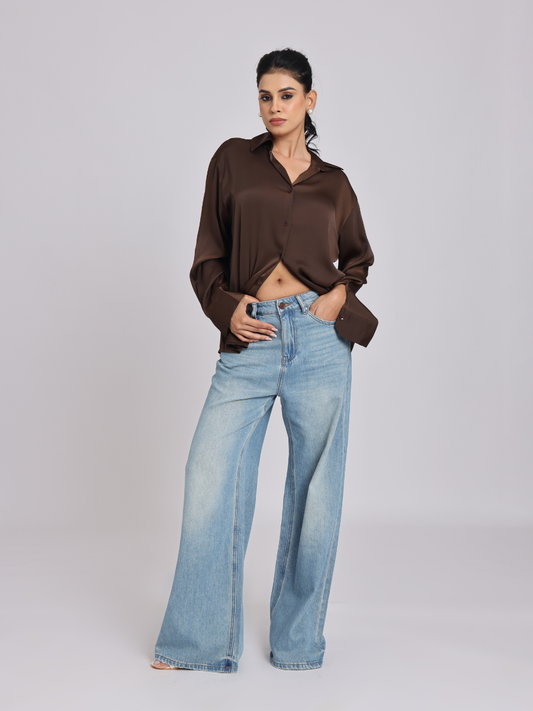 Rich Mocha Satin Long-Sleeve Shirt