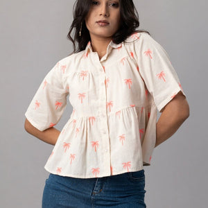 Palm Breeze Peplum Cotton Shirt - Pink