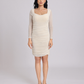 Ivory Ruched Mesh-Sleeve Bodycon Mini Dress