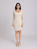 Ivory Ruched Mesh-Sleeve Bodycon Mini Dress