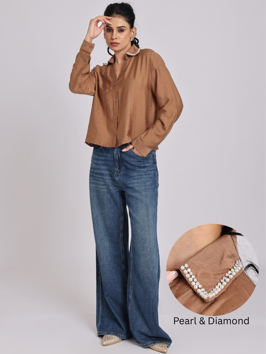 Elegant Rust Brown Pearl - Trim Shirt