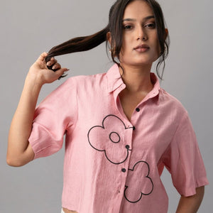 Pink Cropped Shirt with Black Floral Outline Embroidery