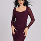 Wine Ruched Mesh-Sleeve Bodycon Mini Dress