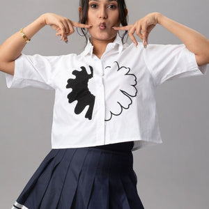 White Cropped Shirt with Black & White Flower Appliqué