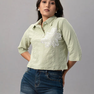 Olive Mist Textured Floral Polo Top