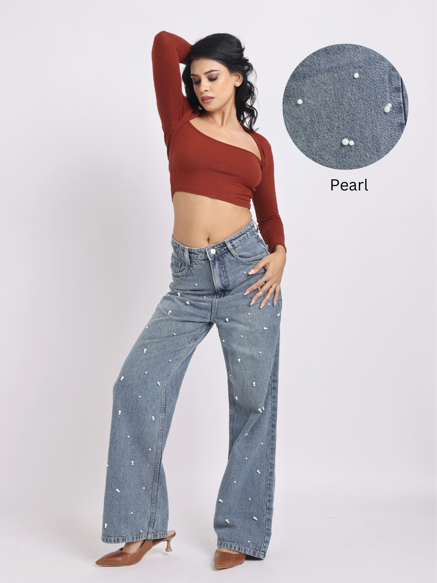 Mid-Rise Pearl-Studded Blue Denim Jeans