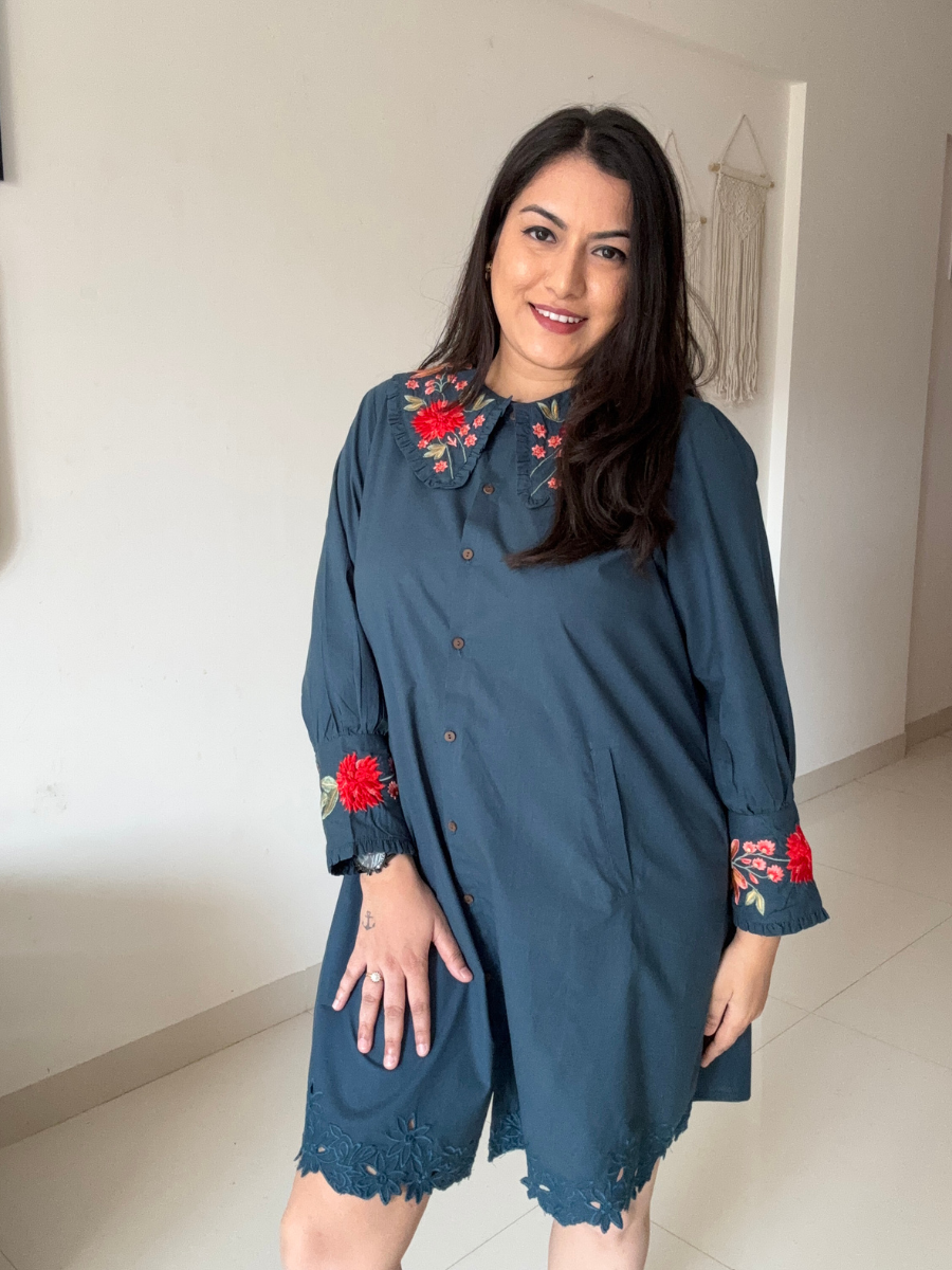 Embroidered Blue Collar Dress
