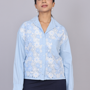 Sky Bloom Lace Cotton Shirt with Adjustable Hem