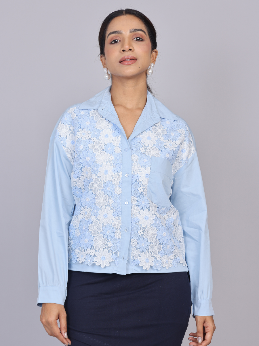 Sky Bloom Lace Cotton Shirt with Adjustable Hem