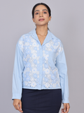 Sky Bloom Lace Cotton Shirt with Adjustable Hem