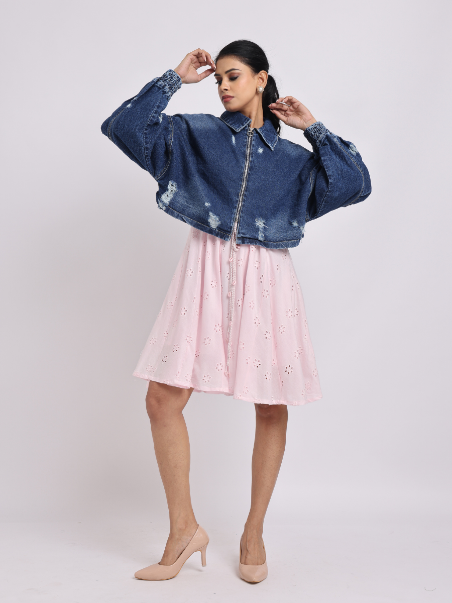 Dark Blue Distressed Denim Jacket with Zip Closure