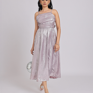 Metallic Lavender Back-Bow Midi Dress