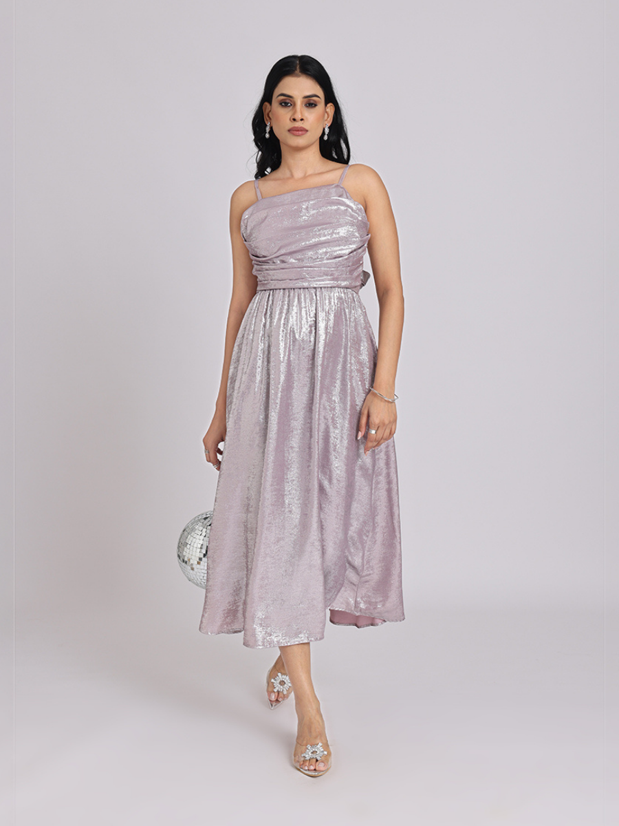 Metallic Lavender Back-Bow Midi Dress