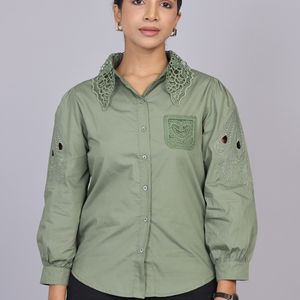 Olive Cutwork Embroidered Cotton Shirt